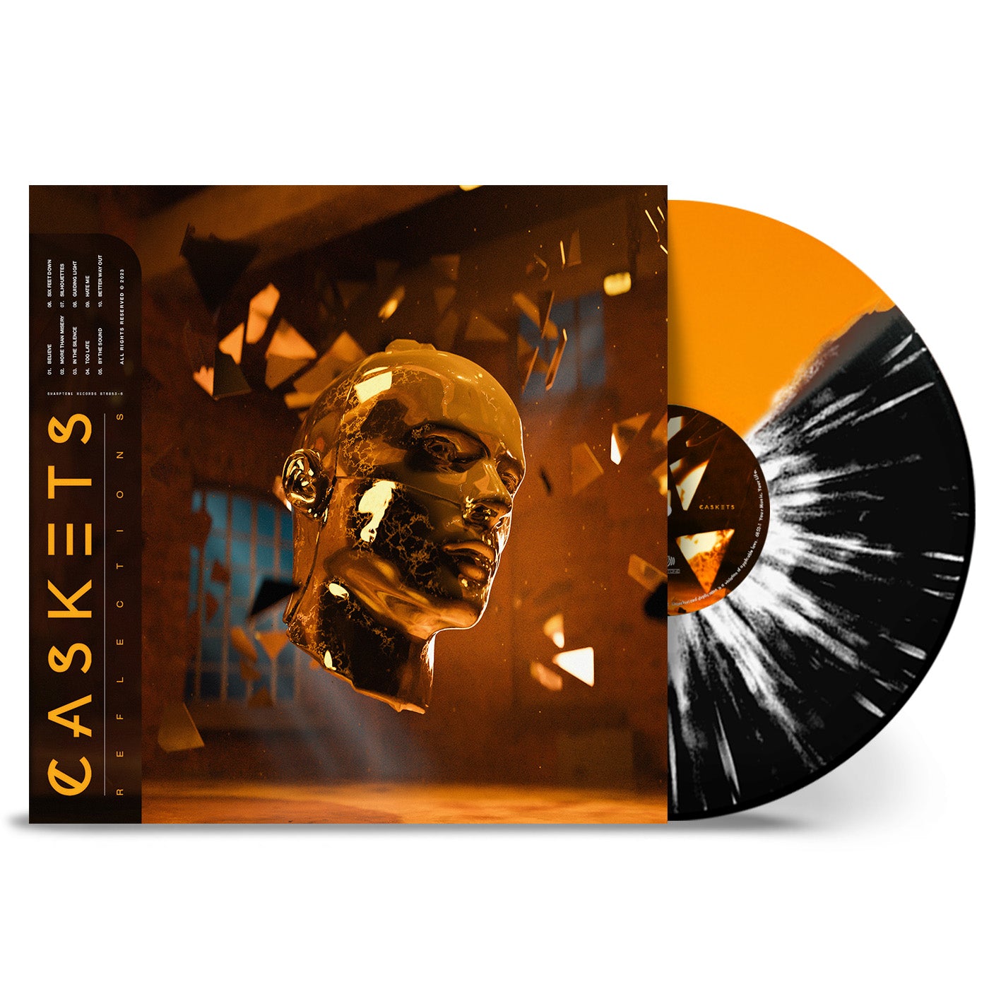 Caskets - 'Reflections' Orange & Black Half & Half White Splatter Vinyl